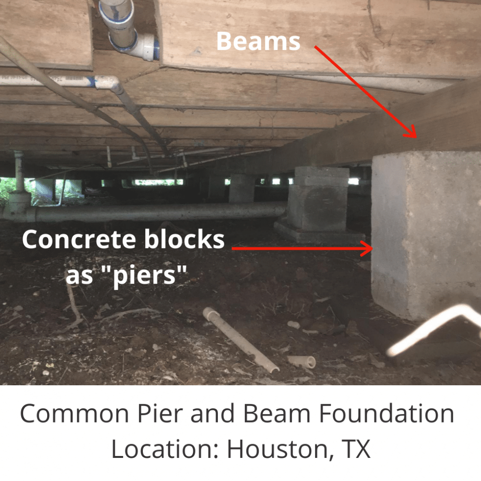 A typical pier and beam foundation under a Houston home, showing the piers and beams