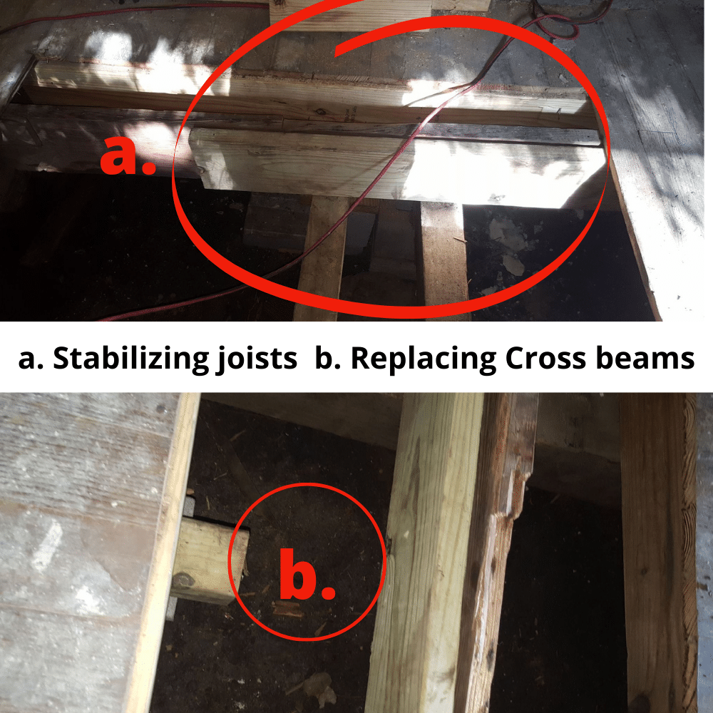 Rotten timber beams being replaced underneath a pier and beam foundation