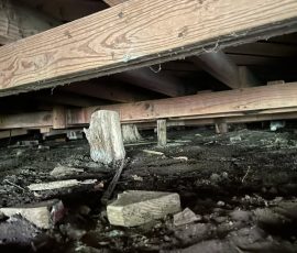 Timber post and beams in the crawl space before we replaced the failing supports